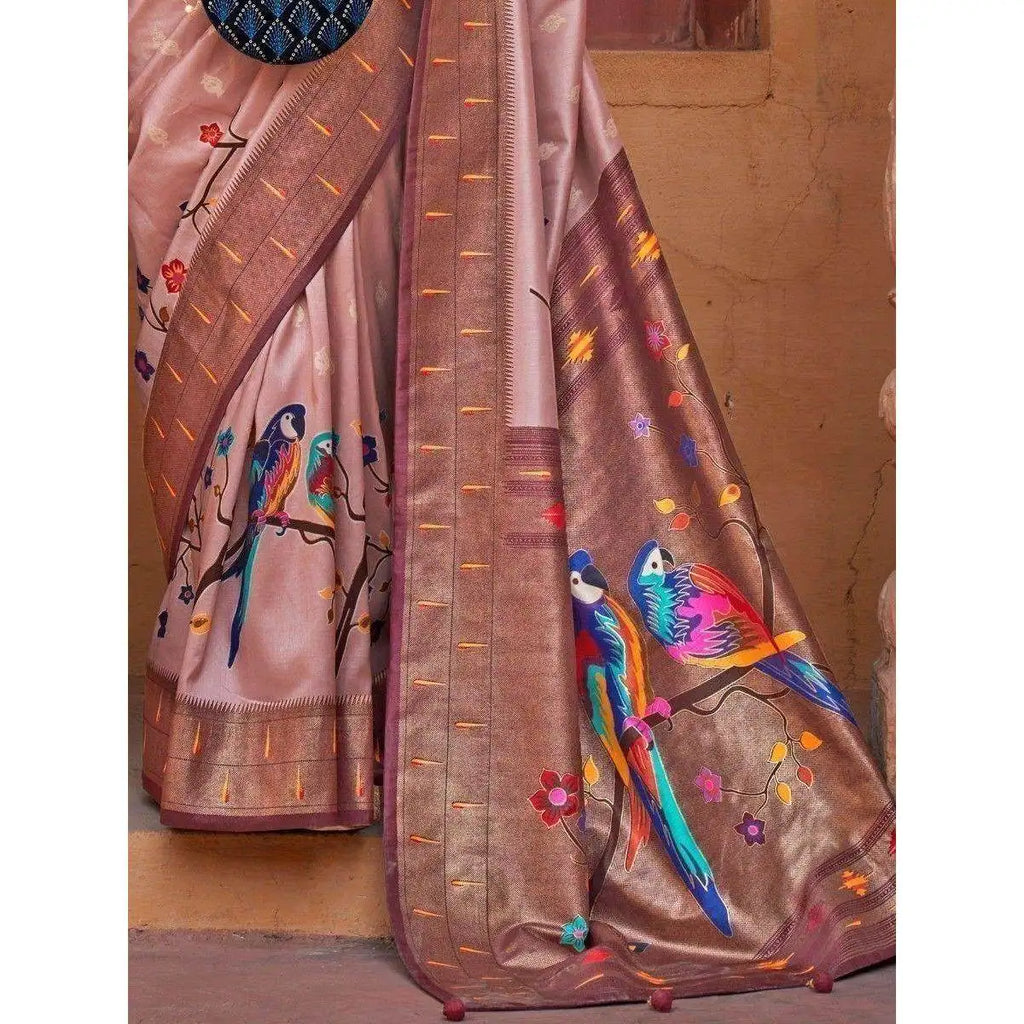 Evening Dresses Alluring Russet Brown Paithani Printed Silk Saree for Carnivals
