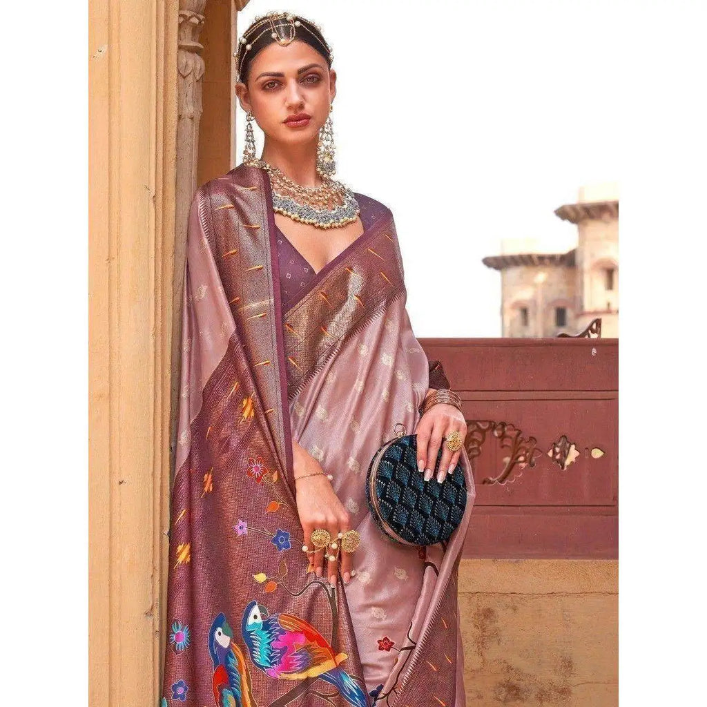 Evening Dresses Alluring Russet Brown Paithani Printed Silk Saree for Carnivals