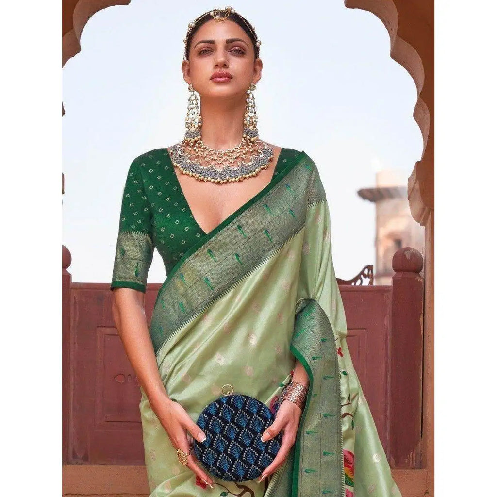 Exquisite Light Green Paithani Printed Silk Saree for Evening Occasions