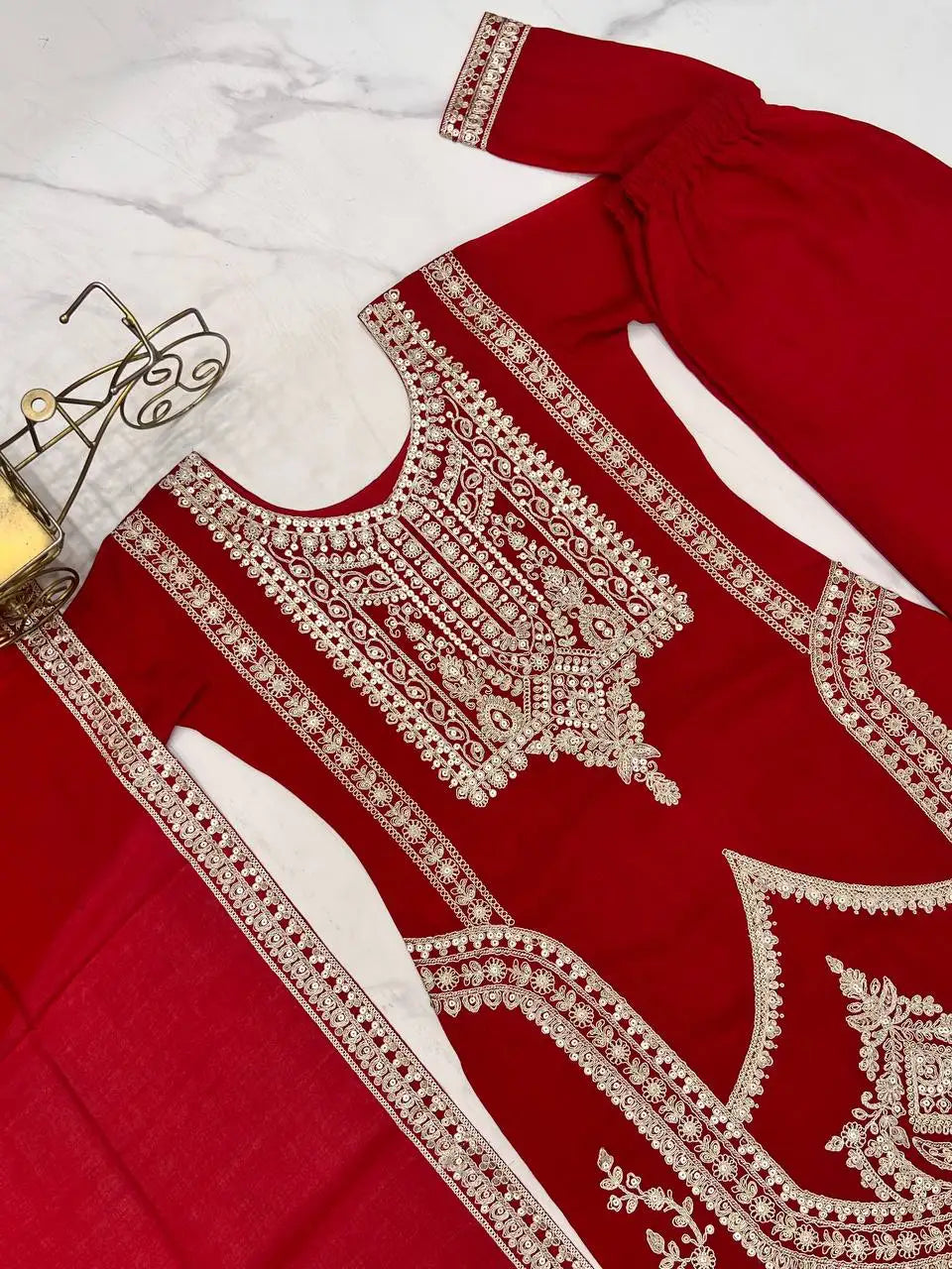 Women's Modern Style Rayon Fabric Nayra Cut Kurti Pant Dupatta Best Quality Heavy Embroidery Sequence Work Party Wear Indian