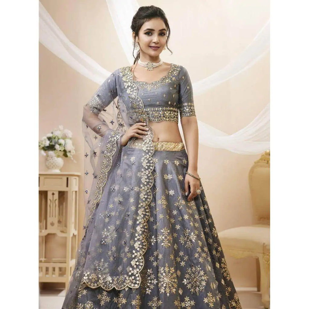 Marvelous Grey Art Silk Reception Wear Lehenga Choli with Mirror Work Evening Dresses for Women