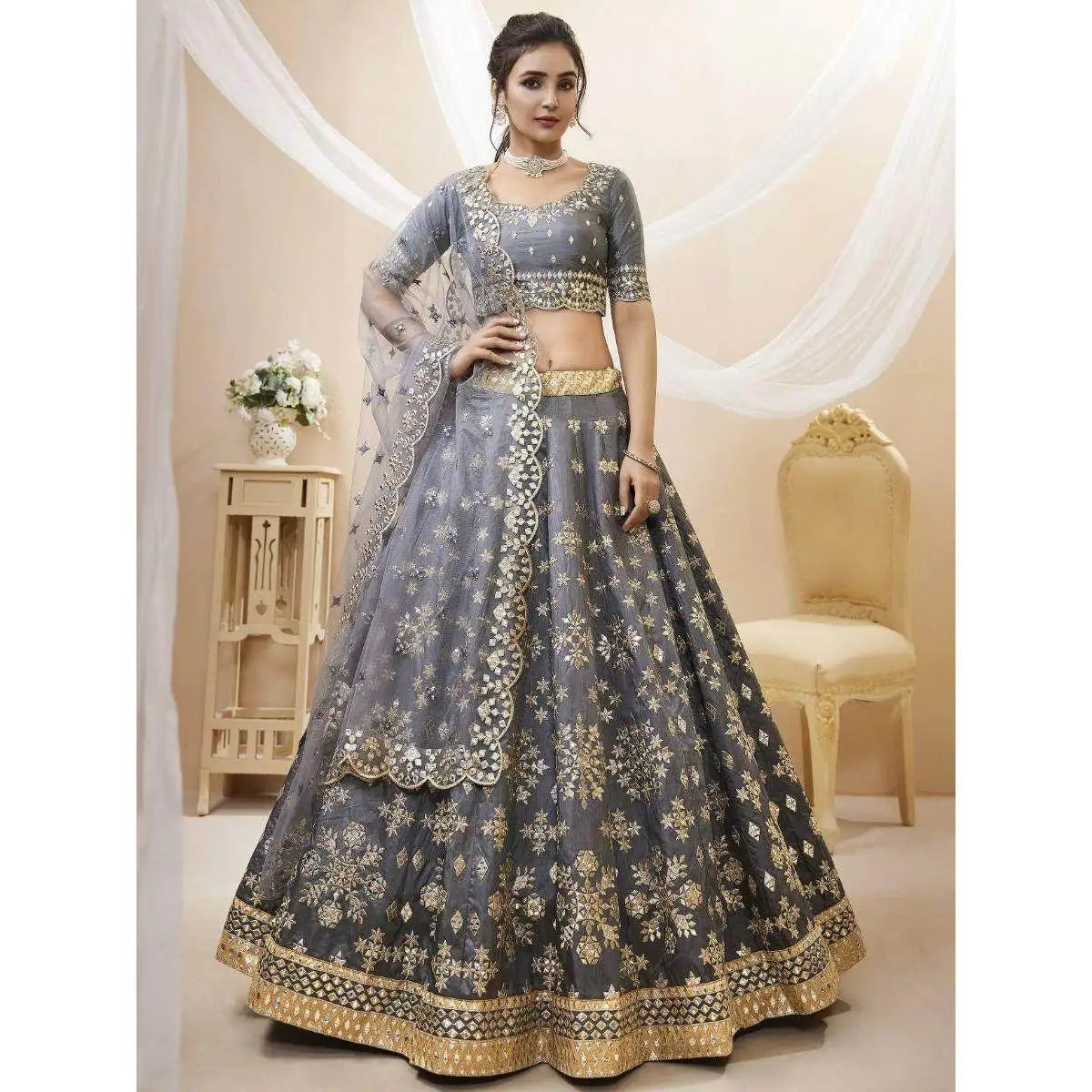 Marvelous Grey Art Silk Reception Wear Lehenga Choli with Mirror Work Evening Dresses for Women
