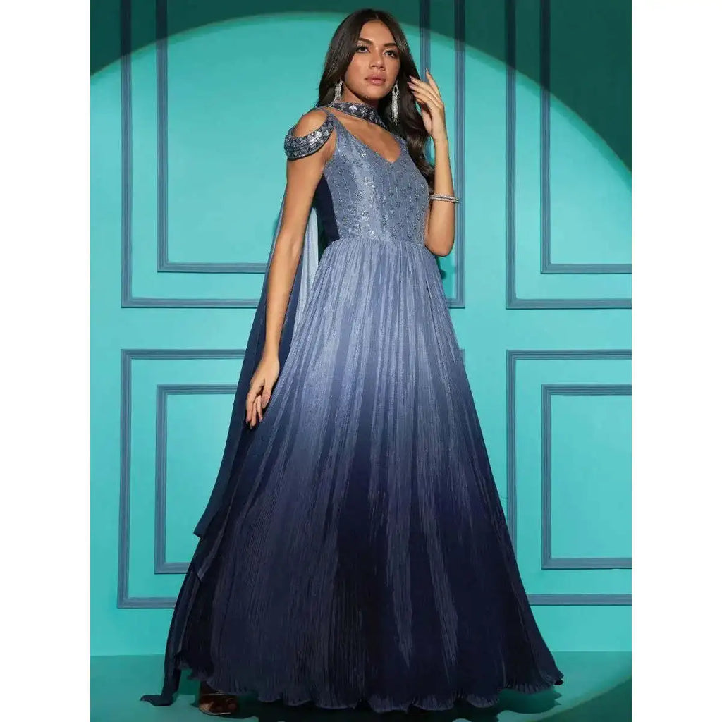 Charming XL Size Grey Embroidered Chinon Reception Gown Elegant Wedding Wear