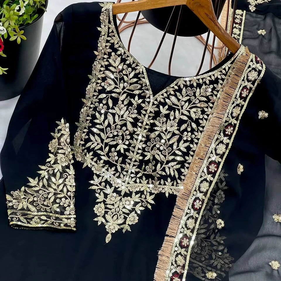 Indian Pakistani Designer Readymade Ethnic Wear Set 3-Pcs Sharara Gharara Kurti Stitched Design Embroidered Georgette Fabric