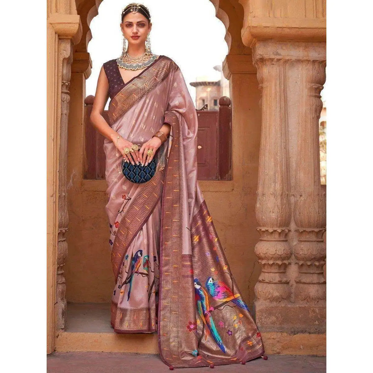 Evening Dresses Alluring Russet Brown Paithani Printed Silk Saree for Carnivals