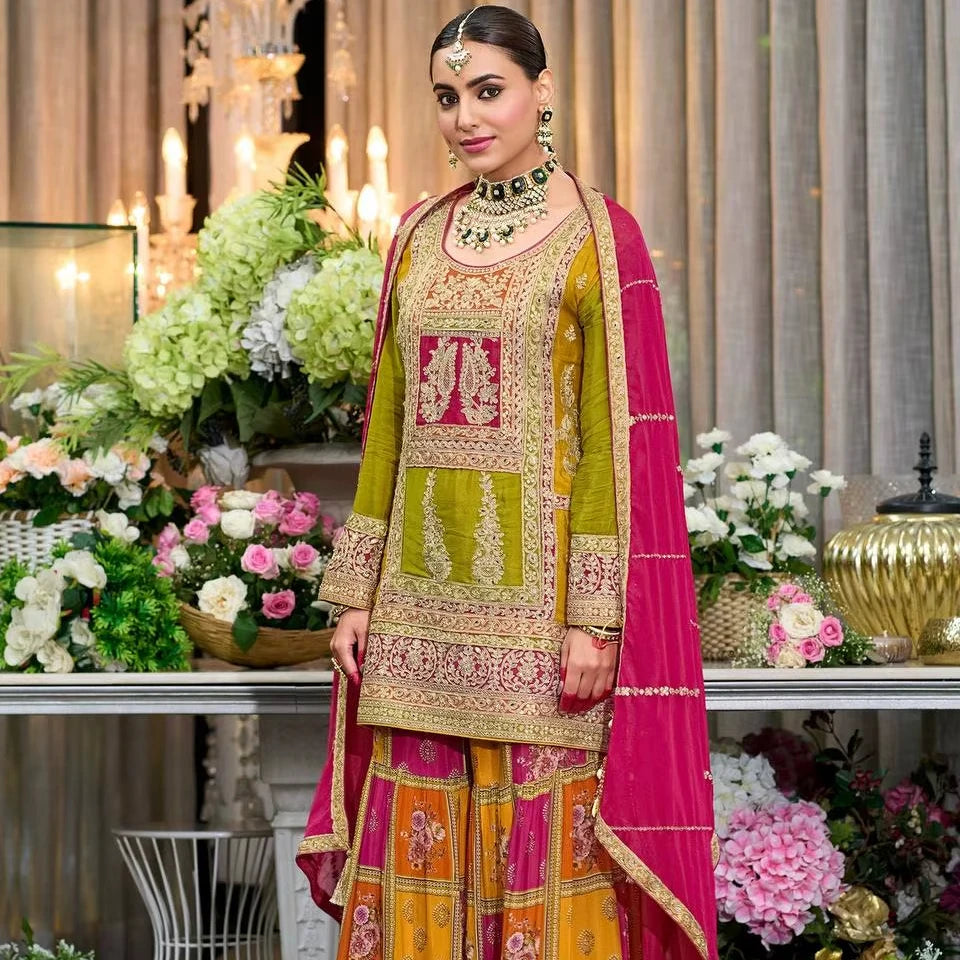 Green Zardosi and Sequins Embroidered Sharara Suit with Dupatta for Women Indian Wedding Party and Festival Outfit