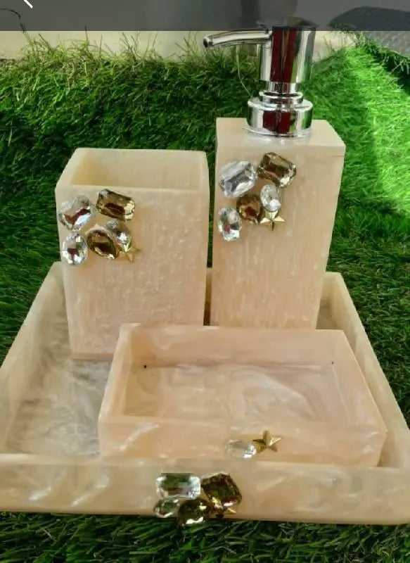 Handmade Large Size Bathroom Tray Set of 4 Multi-Colour Accessory Soap Dispenser Tumbler From India