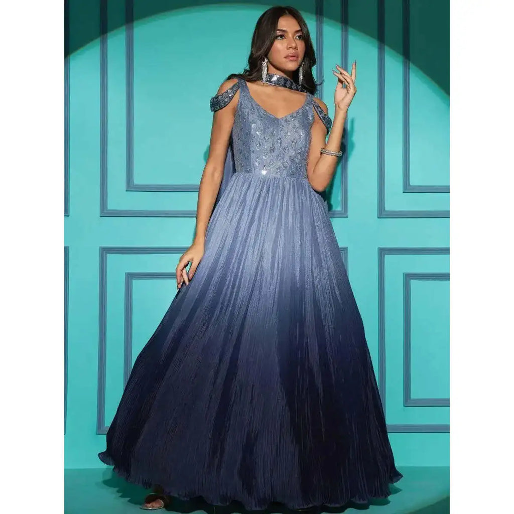 Charming XL Size Grey Embroidered Chinon Reception Gown Elegant Wedding Wear