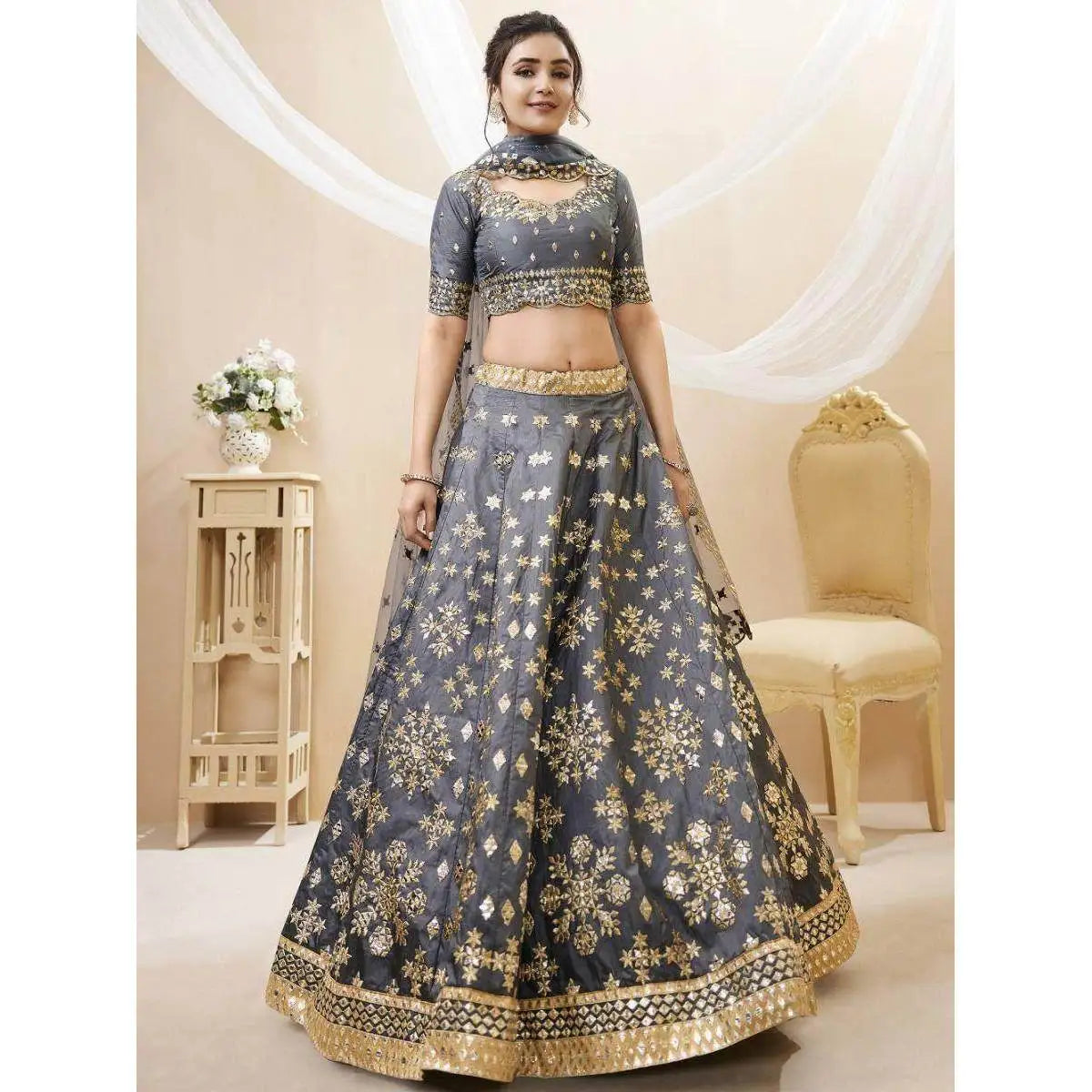 Marvelous Grey Art Silk Reception Wear Lehenga Choli with Mirror Work Evening Dresses for Women