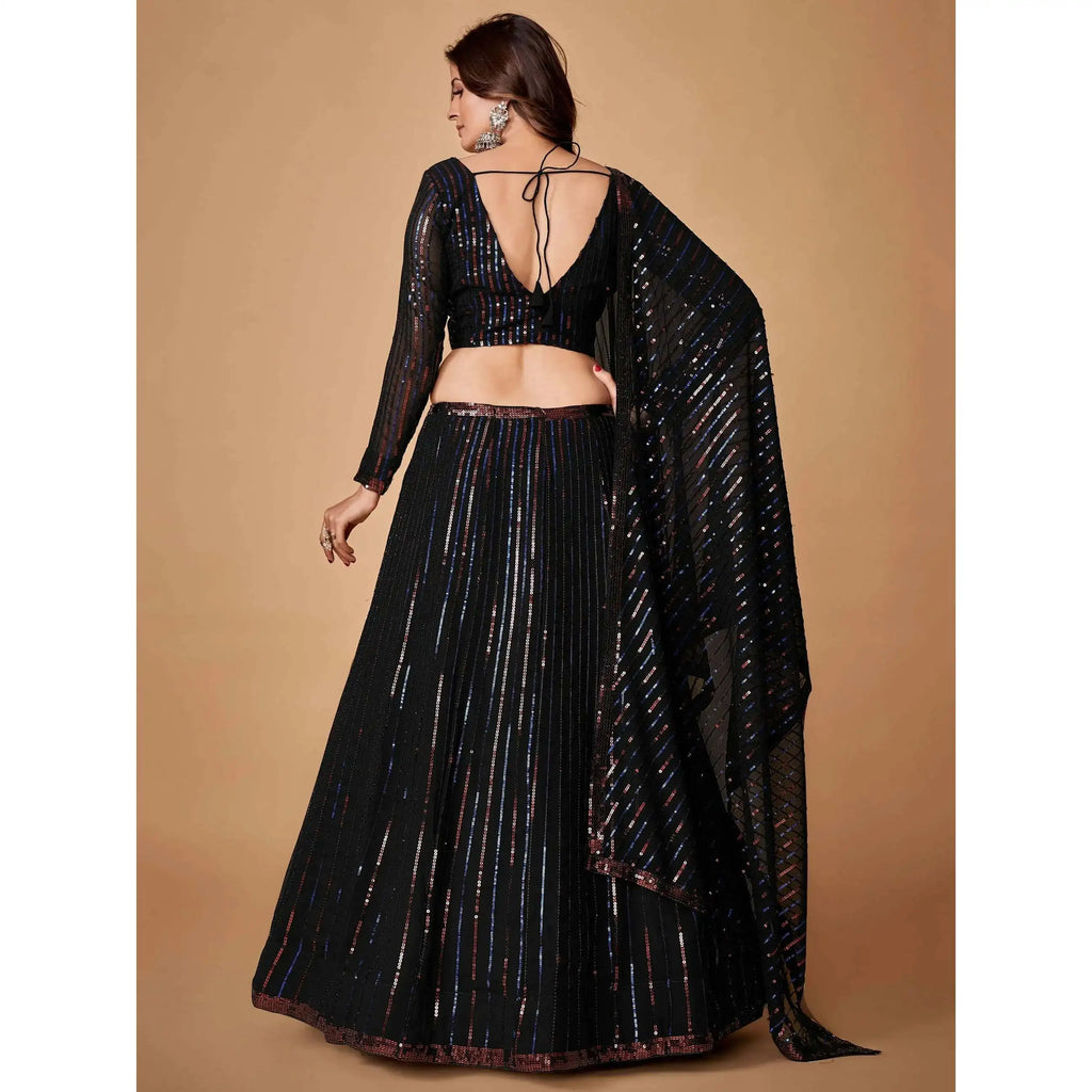 Charming Black Sequins Georgette Evening Dress Party Wear Lehenga Choli with Dupatta