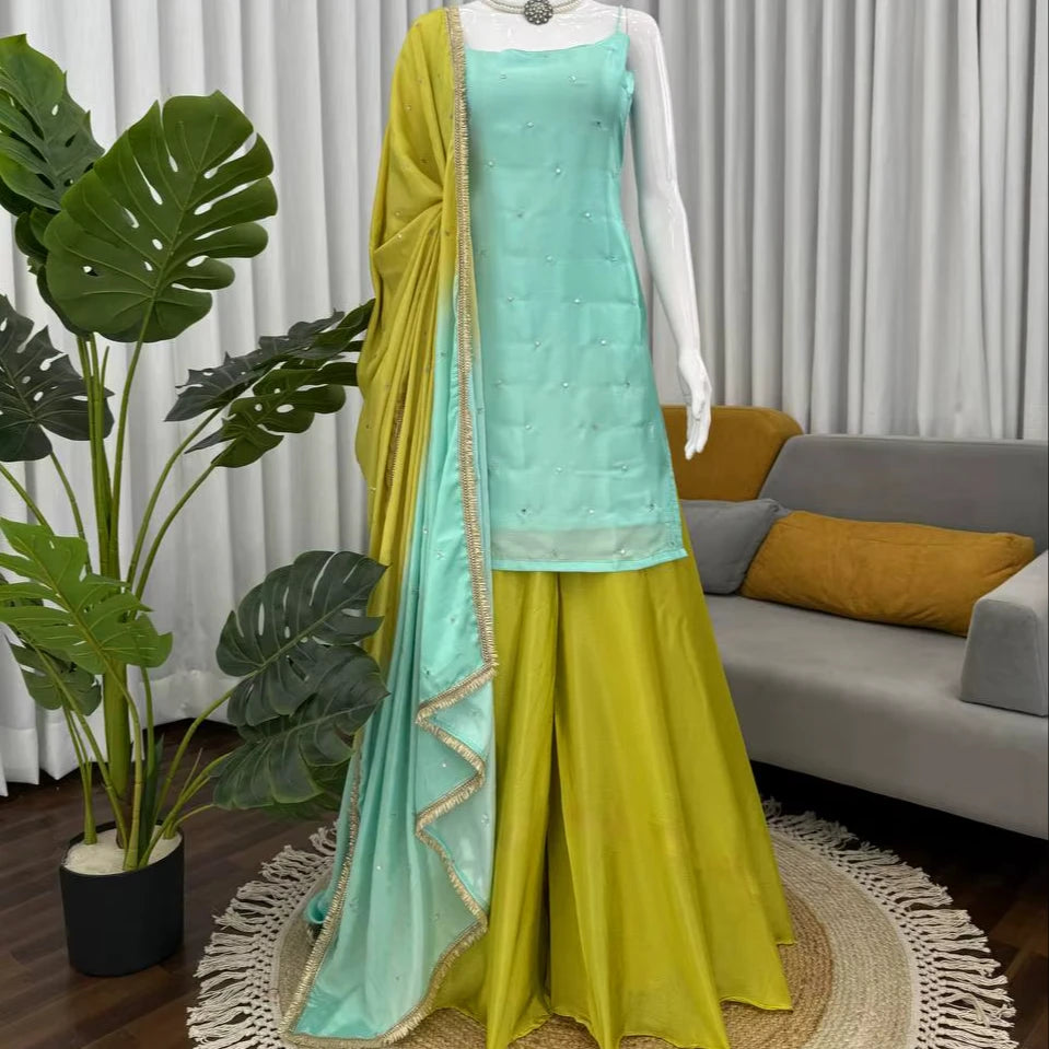 Fancy  Indian and Pakistani Clothing Chinon Silk Sequence Embroidered Work Top and Plazzo with Dupatta