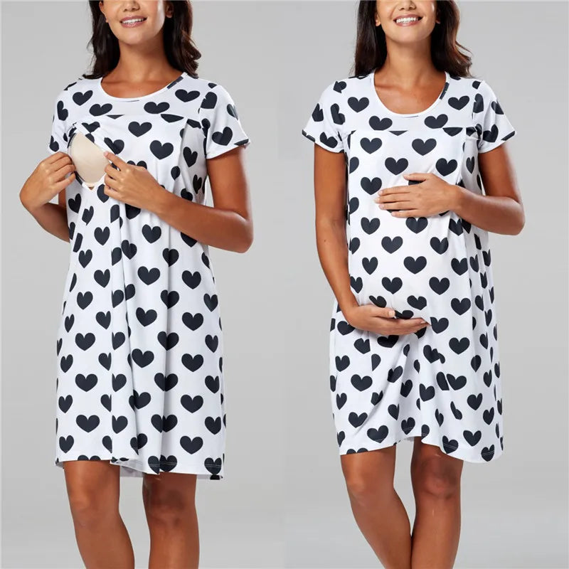 Maternity Pajamas Nightgown Breastfeeding Dress Premama Nursing Pyjamas Pregnant Women Short Sleeve Sleepwear Home Loungewear