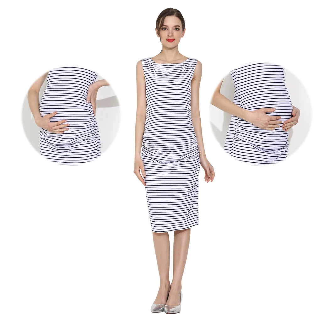 Summer Sleeveless Maternity Dress Knee-Length Casual Stripe Cotton Tank Dress for Pregnant Women Comfortable Mama Clothes
