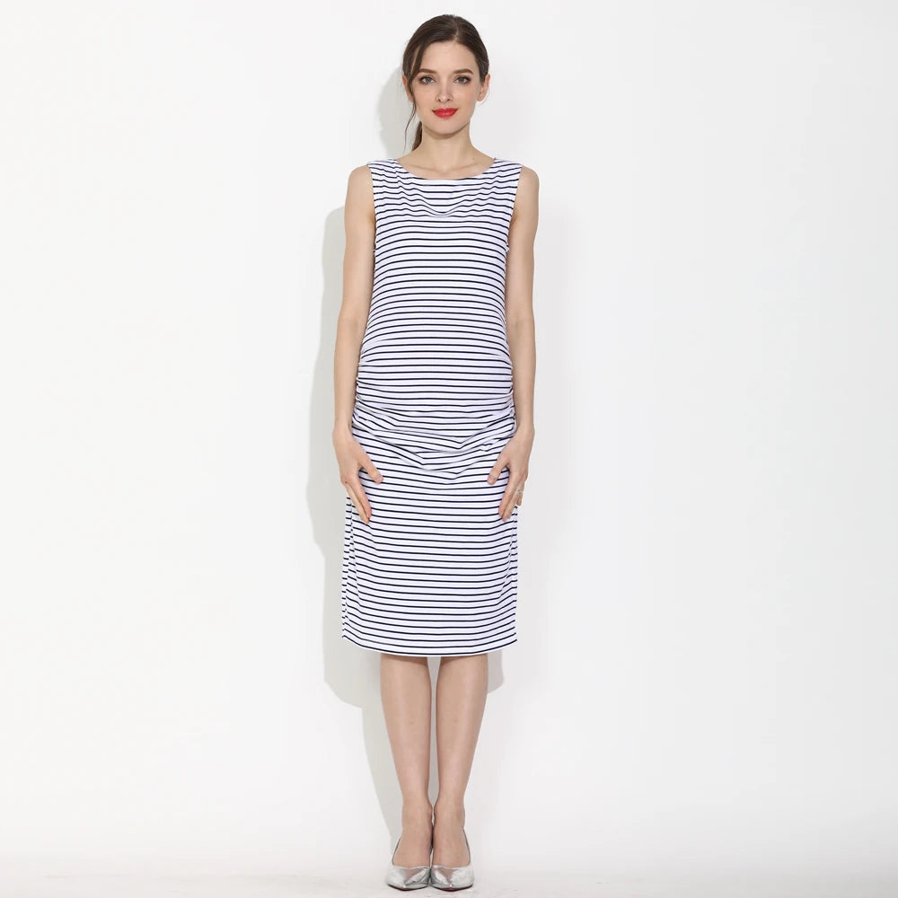 Summer Sleeveless Maternity Dress Knee-Length Casual Stripe Cotton Tank Dress for Pregnant Women Comfortable Mama Clothes