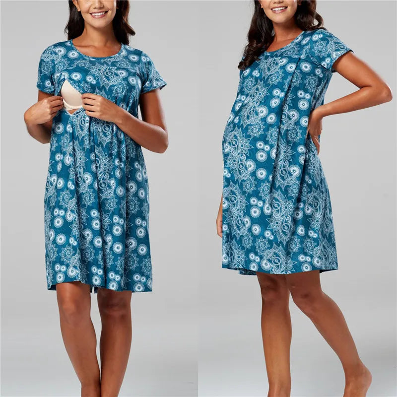 Maternity Pajamas Nightgown Breastfeeding Dress Premama Nursing Pyjamas Pregnant Women Short Sleeve Sleepwear Home Loungewear