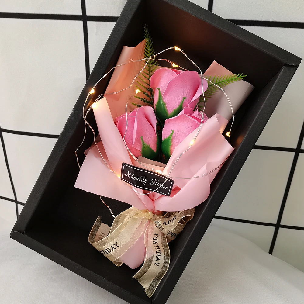 Soap Rose Bouquet With LED Light For Wedding Decoration Souvenir Valentine's Day Gift Roses Gift Box