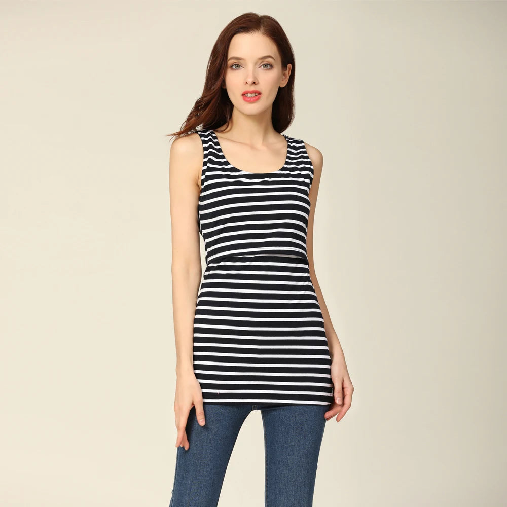 Summer Stretch Cotton Stripe Maternity Lactation Tops - Nursing Camisole Vest for Postpartum Women