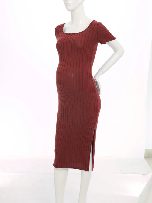 Elegant Maternity Knitted Dress Solid Color Short Sleeve Split Dresses Pregnancy Women Clothes Wedding Party Casual Daily Wear
