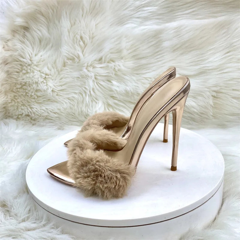 Summer 12CM Ladies Slippers Faux Fur Sexy Peep Toe Pointy Toe Women Shoes Slip-On Plus Size 46 Model Runway High Heel Sandals