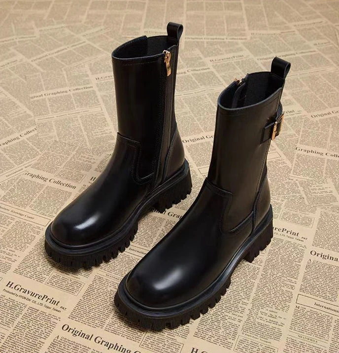 Women's Half High Boots Round Toe Chelsea Ladies Mid Calf Shoes Middle Heel Brown Footwear Spring Autumn Sale Gothic Demi-season