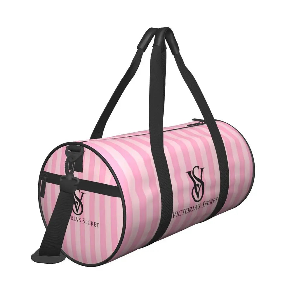 Pink White Stripe Round Capacity Travel Duffel Bag Male Female Large-Capacity Hand Luggage Sports Fitness Bag Travel Package