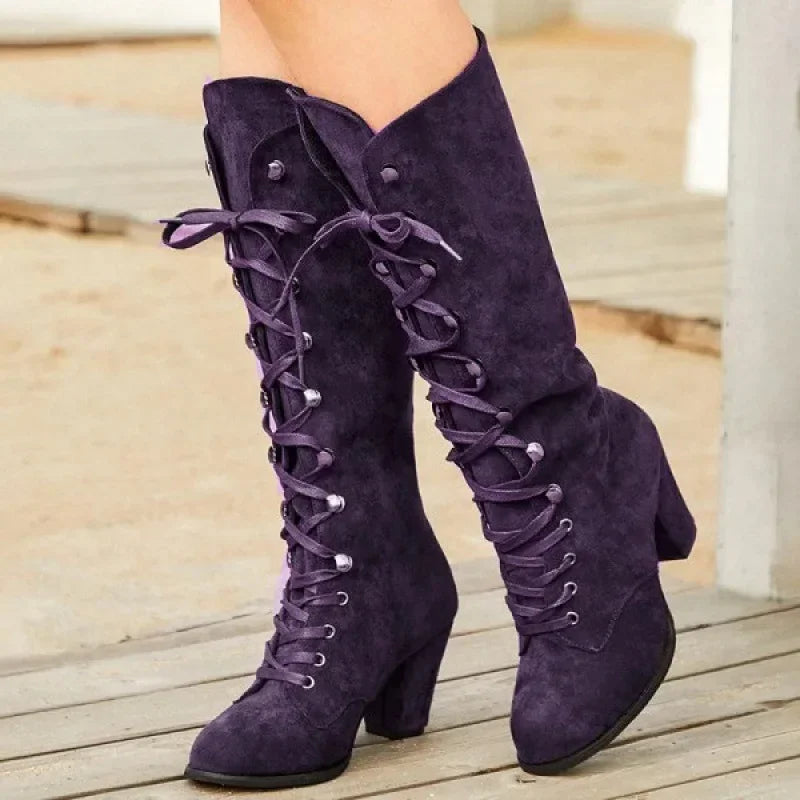 Roman Boots 2024 New Autumn and Winter Fashionable Lace Up Knight Boots Round Toe High-heeled Retro Women's Shoes Zapatos Mujer