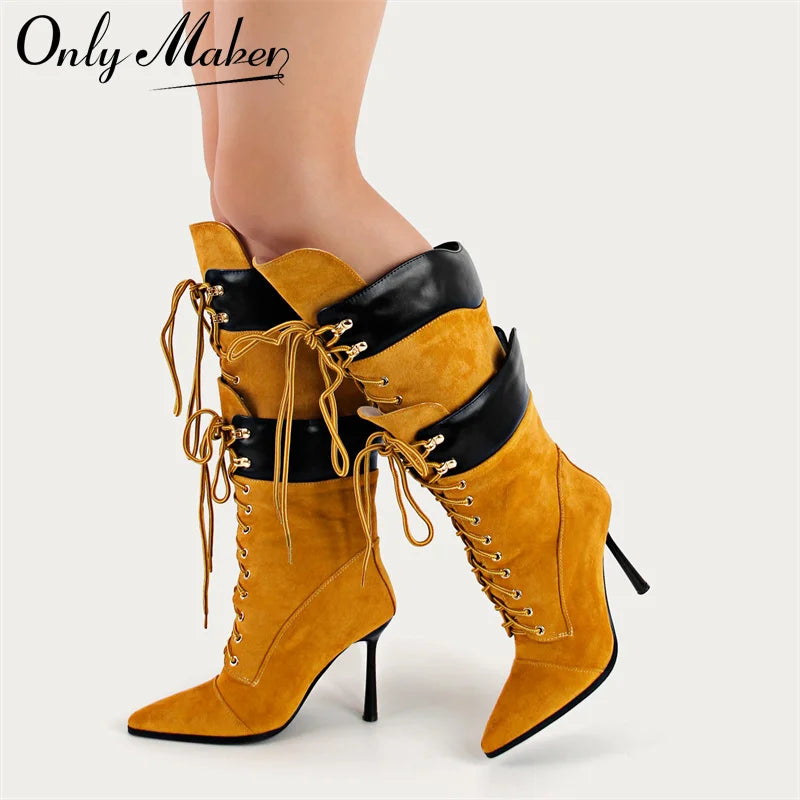 Onlymaker Women Pointed Toe Double Stiletto High Heel Lace Up Mid-Calf Boots