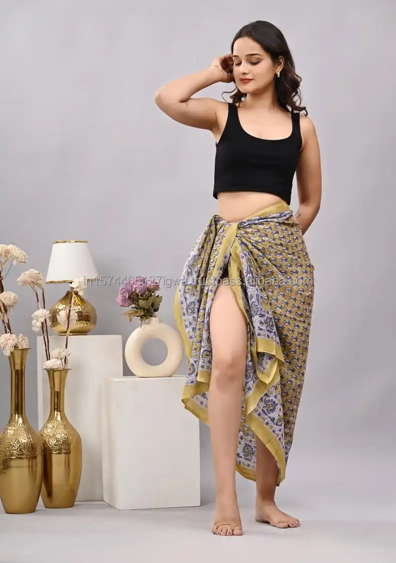 Handmade Mustard Yellow Boho Sarong Cotton Block Print Cover Swim Wrap Festival Scarf-Artisan Regional Clothing for Resort Wear