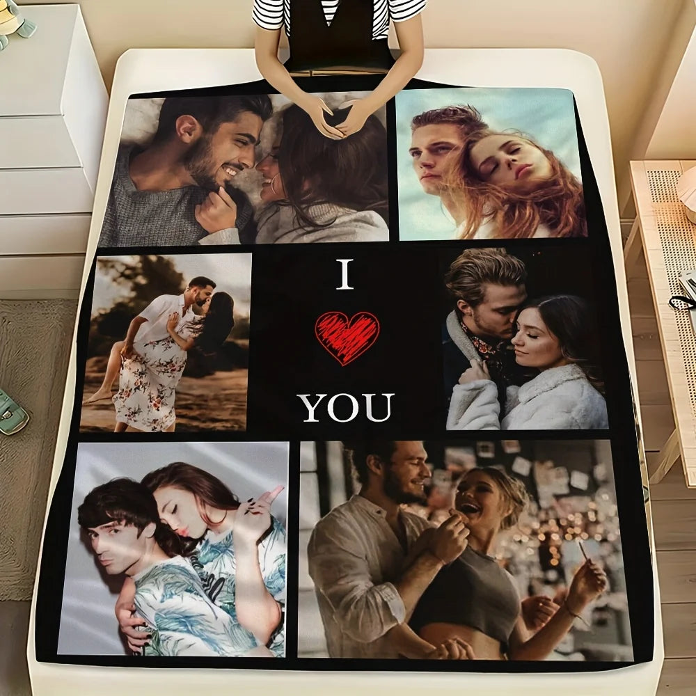 Custom Photo Blanket Personalized Valentine's Day Couple Photo Flannel Blanket Soft Warm for All Seasons Perfect for Bed Sofa