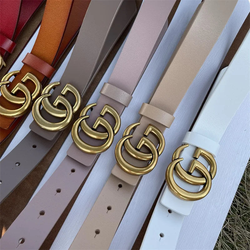 Pure Cowhide Leather Ladies Belt Antique Letter G Casual Retro Style Fashionable All-Match Width 2-4cm Alloy Buckle Fastener