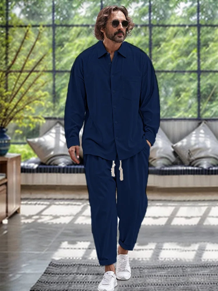 Spring and autumn men's fashion trend quality cotton linen shirt casual loose solid color lapel long sleeve trousers two sets
