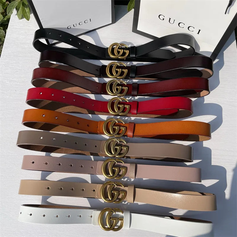 Pure Cowhide Leather Ladies Belt Antique Letter G Casual Retro Style Fashionable All-Match Width 2-4cm Alloy Buckle Fastener