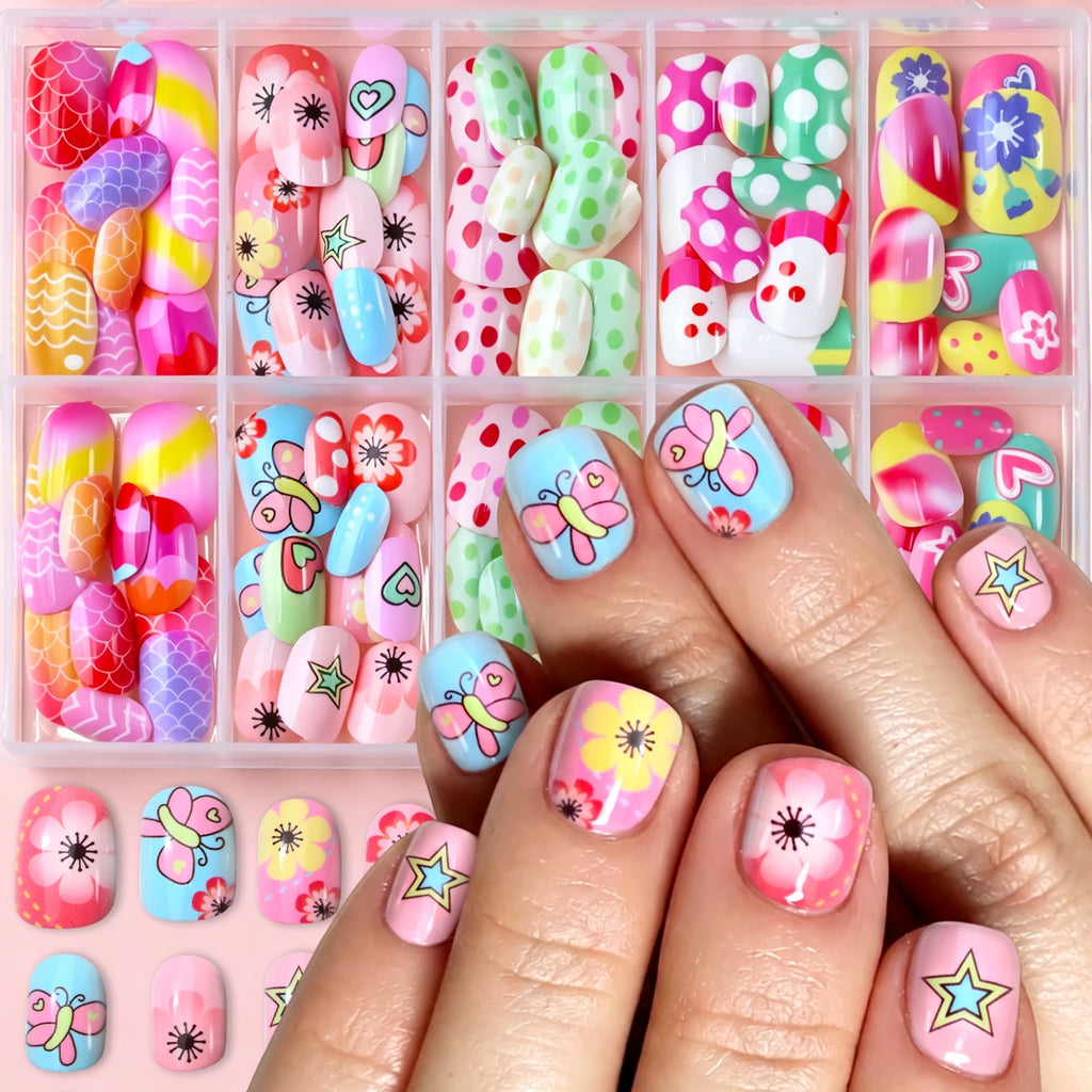 120pcs Square Round Flower Polka Dots Child False Nails Candy Color Mermaid Fish Scales Kids Press On Nails Pink Wearable Nails