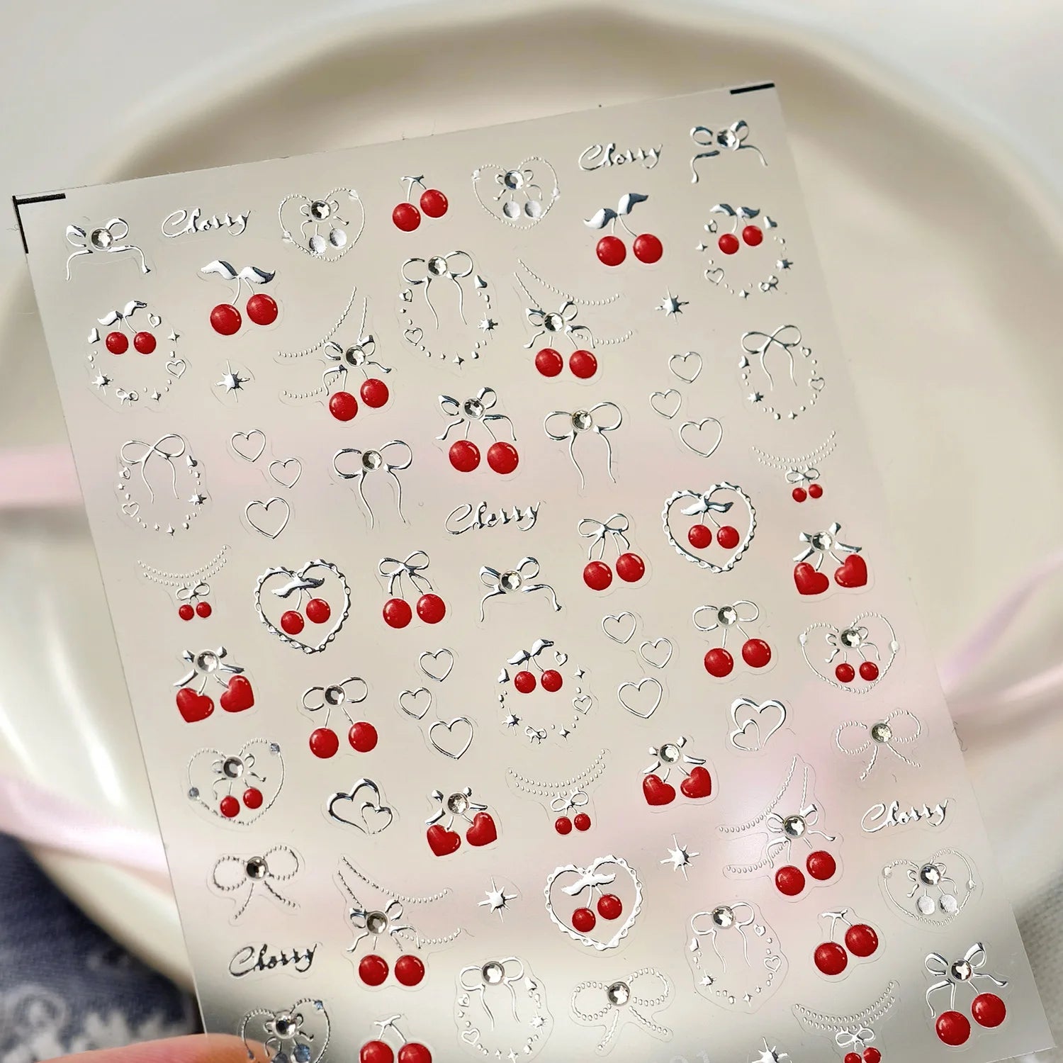 Spring Strawberry Vine 5D Nail Art Stickers Garden Fresh Red Strawberry Green Leaves Flower Cherry Branch Bow Nail Decals DIY