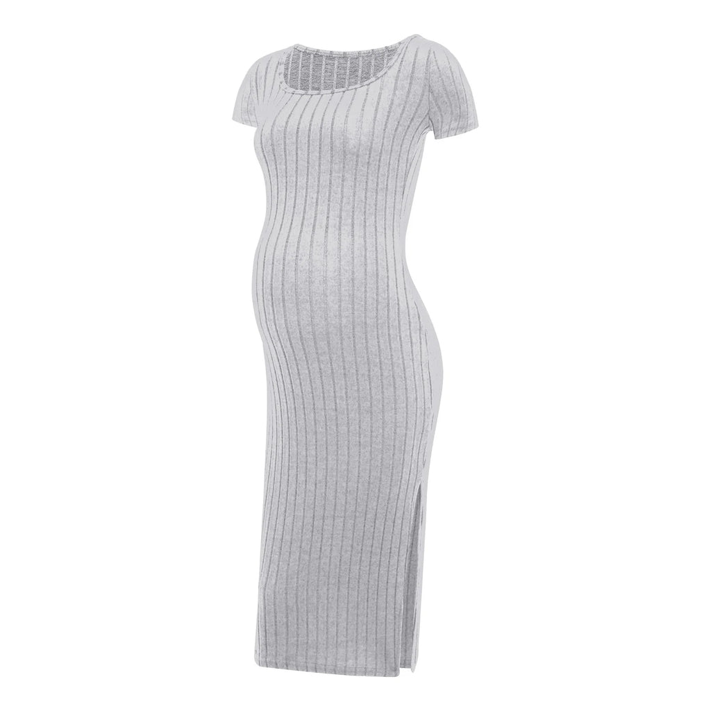 Elegant Maternity Knitted Dress Solid Color Short Sleeve Split Dresses Pregnancy Women Clothes Wedding Party Casual Daily Wear
