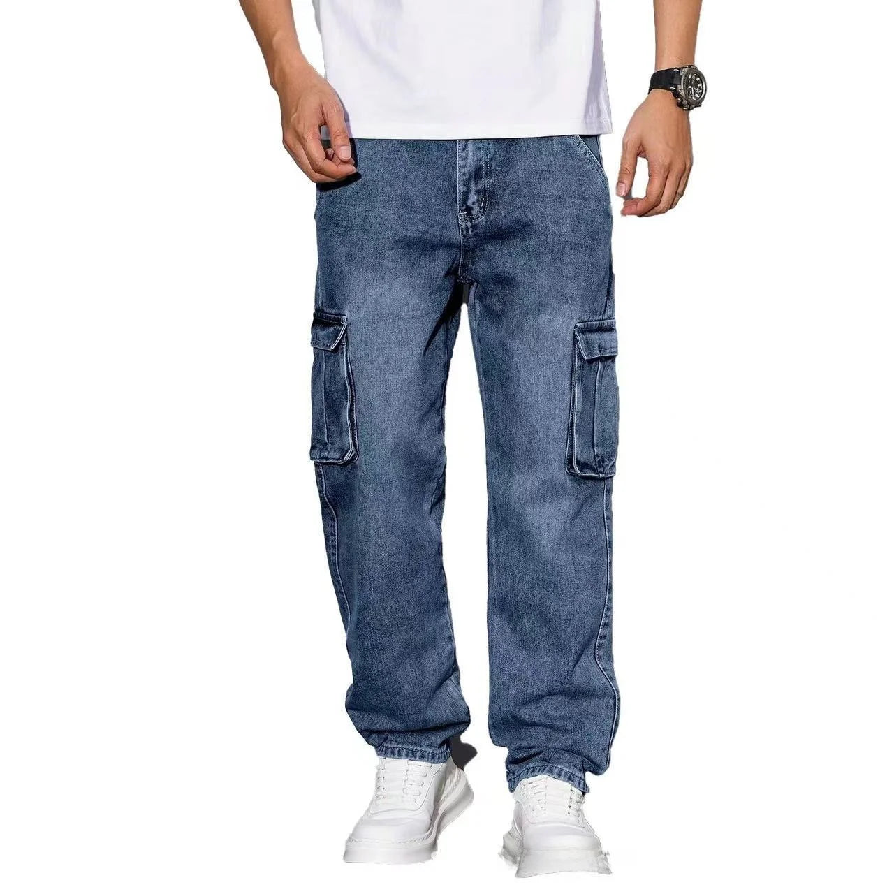 American High Street Hip Hop Style Loose Straight Leg Casual Long Jeans Multi Pocket Workwear Cotton Blend Spring Autumn