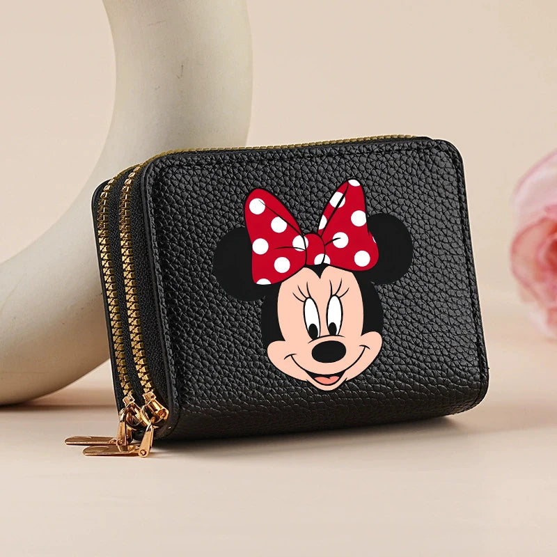 Mickey Minnie Women's Double Zipper Wallet Lychee Pattern Fashion Short Credit Card Holder with Large Capacity Coin Purse