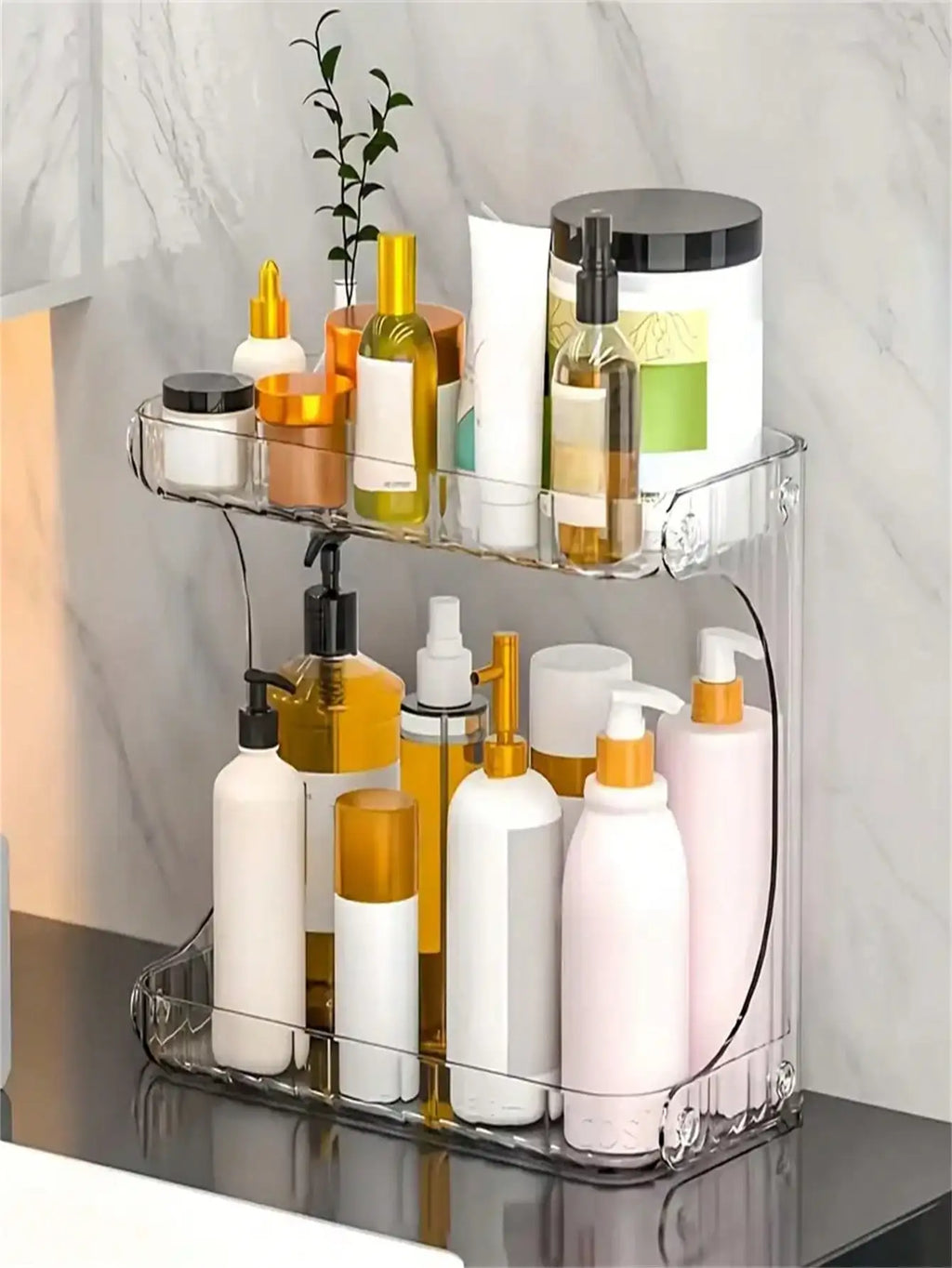 2-Tier Transparent Plastic Desktop Cosmetic Storage Box with 2-Tier Shelves & 4-Wheel Base - Space-Saving Organizer Tray, Freest