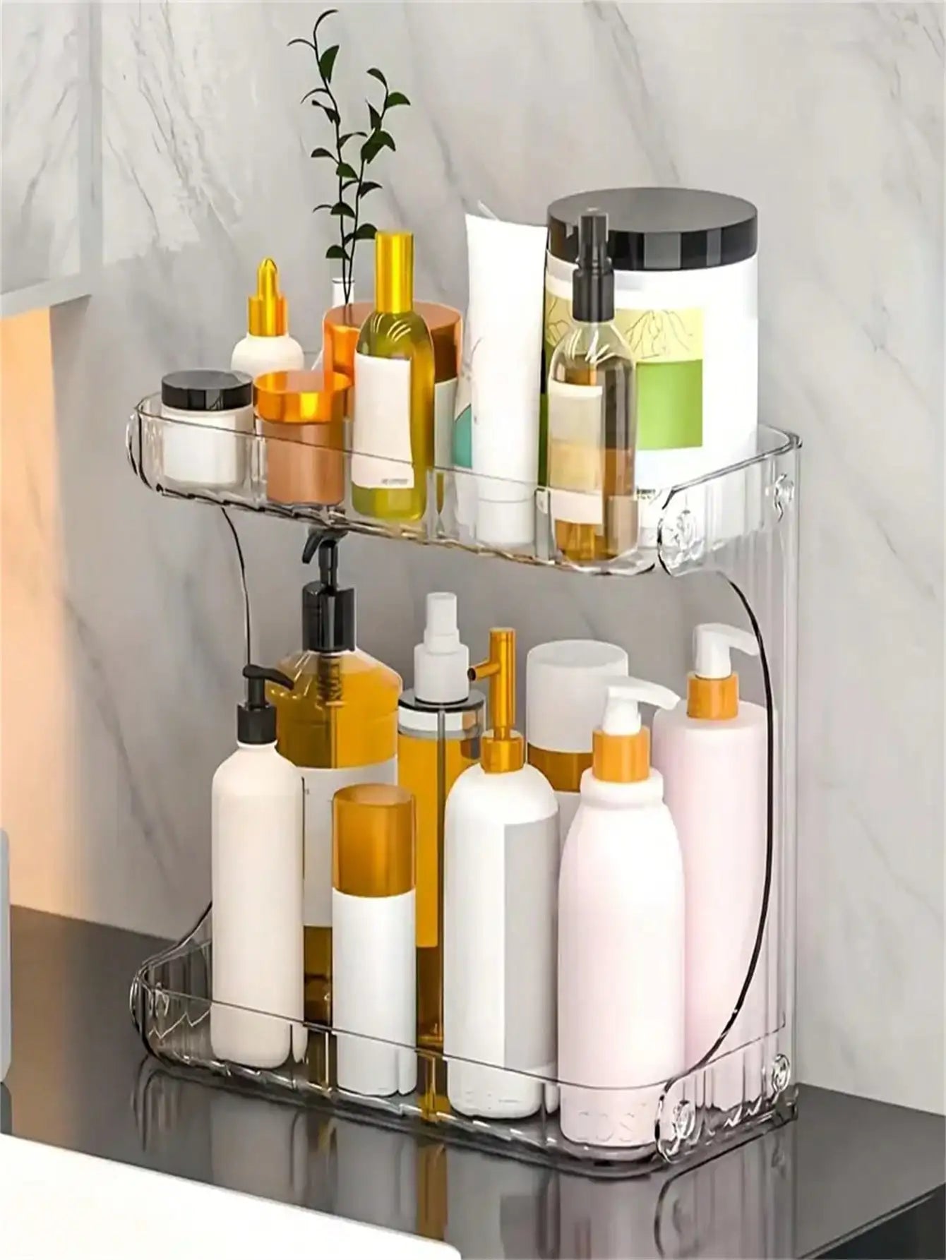 2-Tier Transparent Plastic Desktop Cosmetic Storage Box with 2-Tier Shelves & 4-Wheel Base - Space-Saving Organizer Tray, Freest