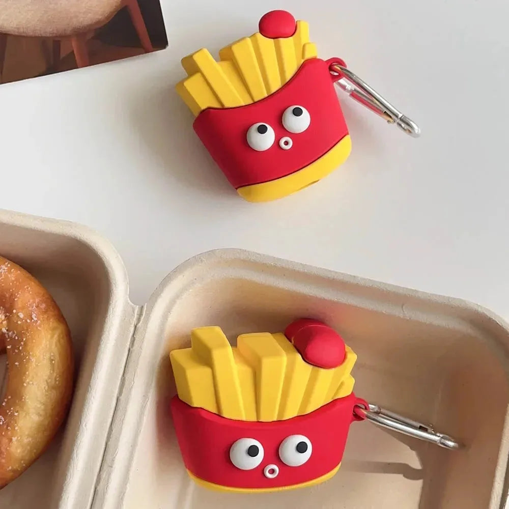 For AirPods 4 3 2 1 Pro Pro2 Earphone Case 3D French Fries Hamburger Silicone Protective Headphone Box With Pendant Cover