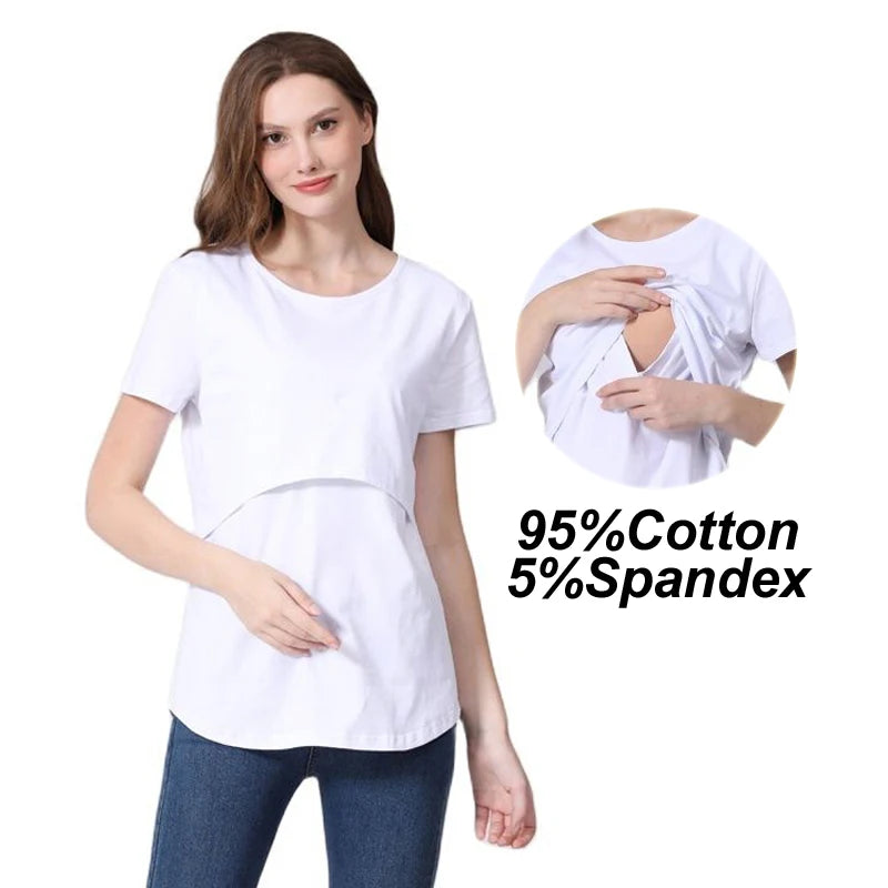 Plus Size Maternity T-Shirt Short Sleeve Stretch Cotton Breastfeeding Tees Loose Nursing Tops for Pregnant Women