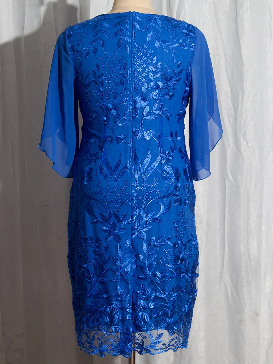 Elegant Round Neck Embroidery Knee Length Plus Size Formal Dress With Half Sleeves
