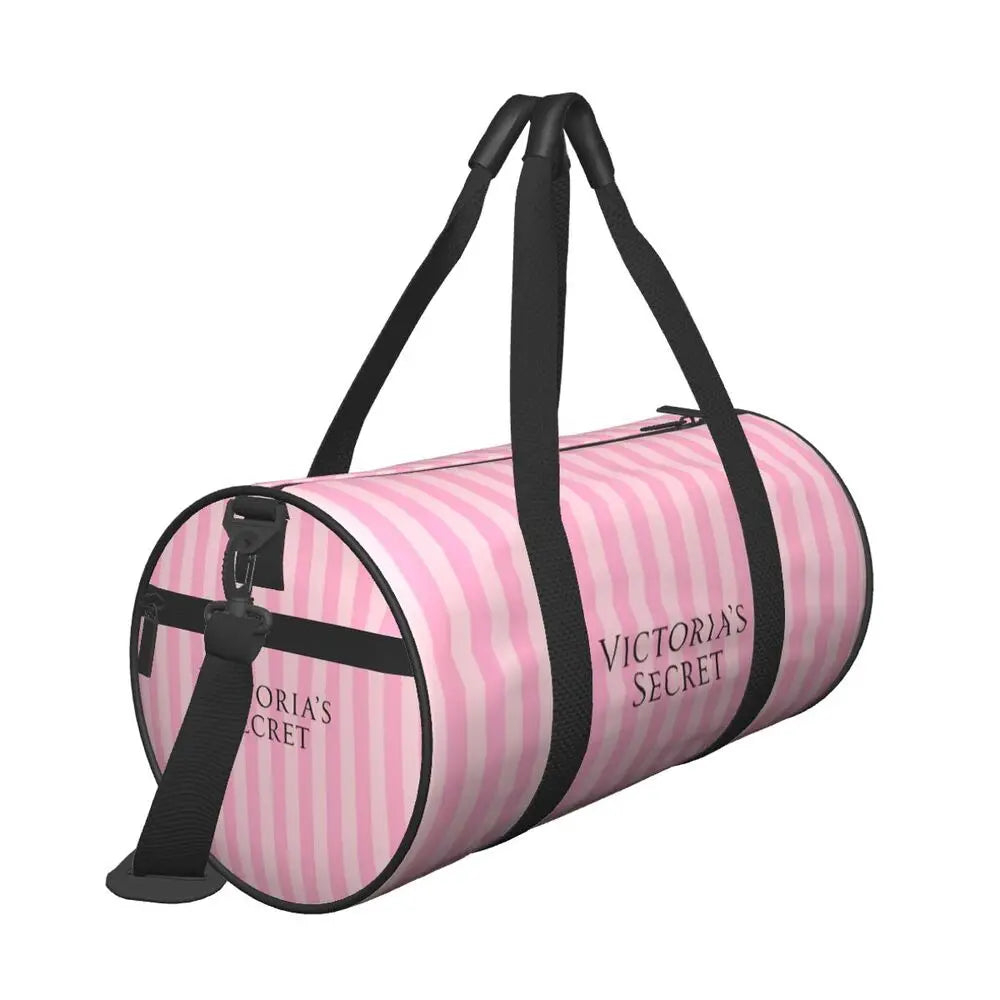 Pink White Stripe Round Capacity Travel Duffel Bag Male Female Large-Capacity Hand Luggage Sports Fitness Bag Travel Package