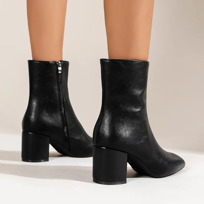 White Ankle Boots for Women 2024 New Side Zipper Stretch Middle Heel Large Size Short Boot Fashion Pointed Shoes Botas De Mujer