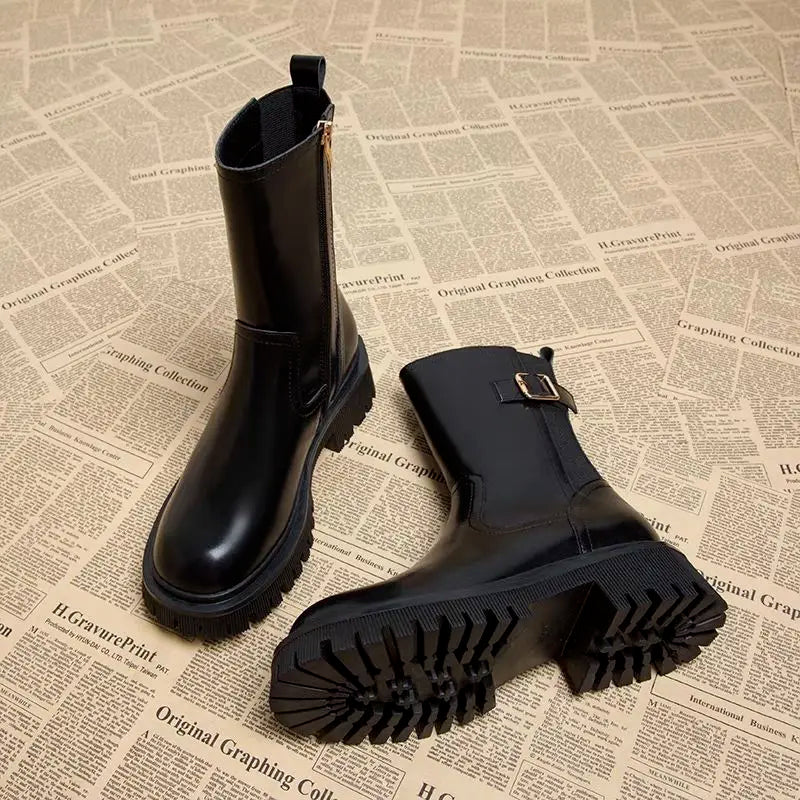Women's Half High Boots Round Toe Chelsea Ladies Mid Calf Shoes Middle Heel Brown Footwear Spring Autumn Sale Gothic Demi-season