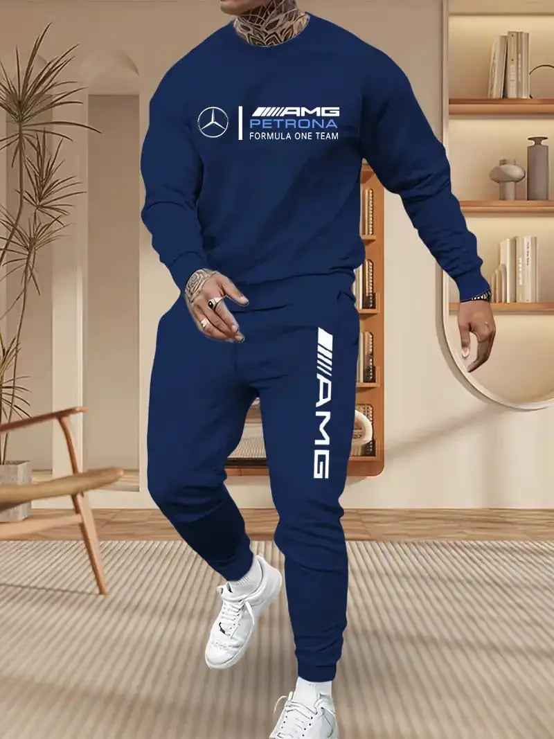 Mercedes-Benz Autumn Winter Set Men's Casual Versatile Printed Sweatshirt and Sweatpants Autumn Winter Cool Handsome Men's Long