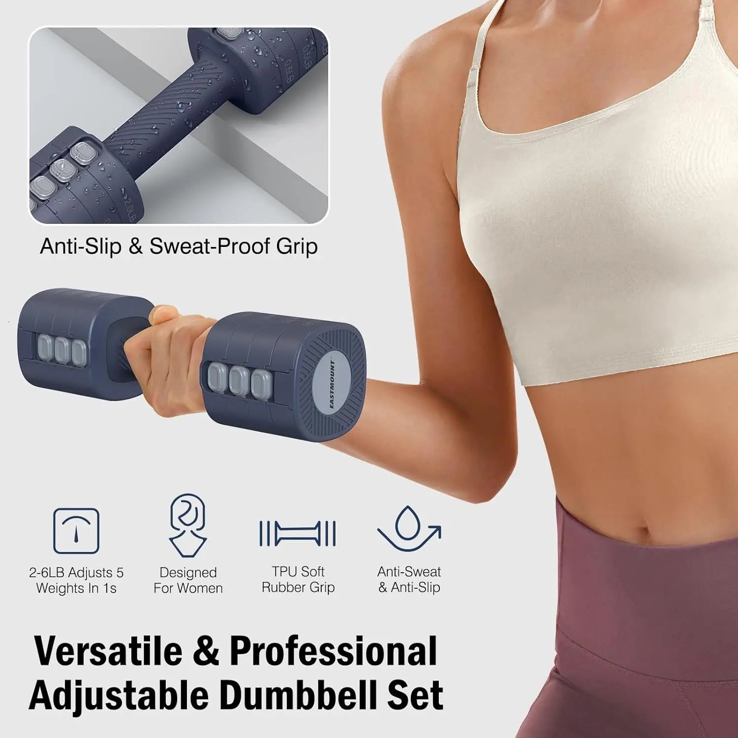Adjustable Dumbbells Set of 2, 8-in-1 Hand Weights for Women 2lb to 6lb, Home Gym Workout Equipment