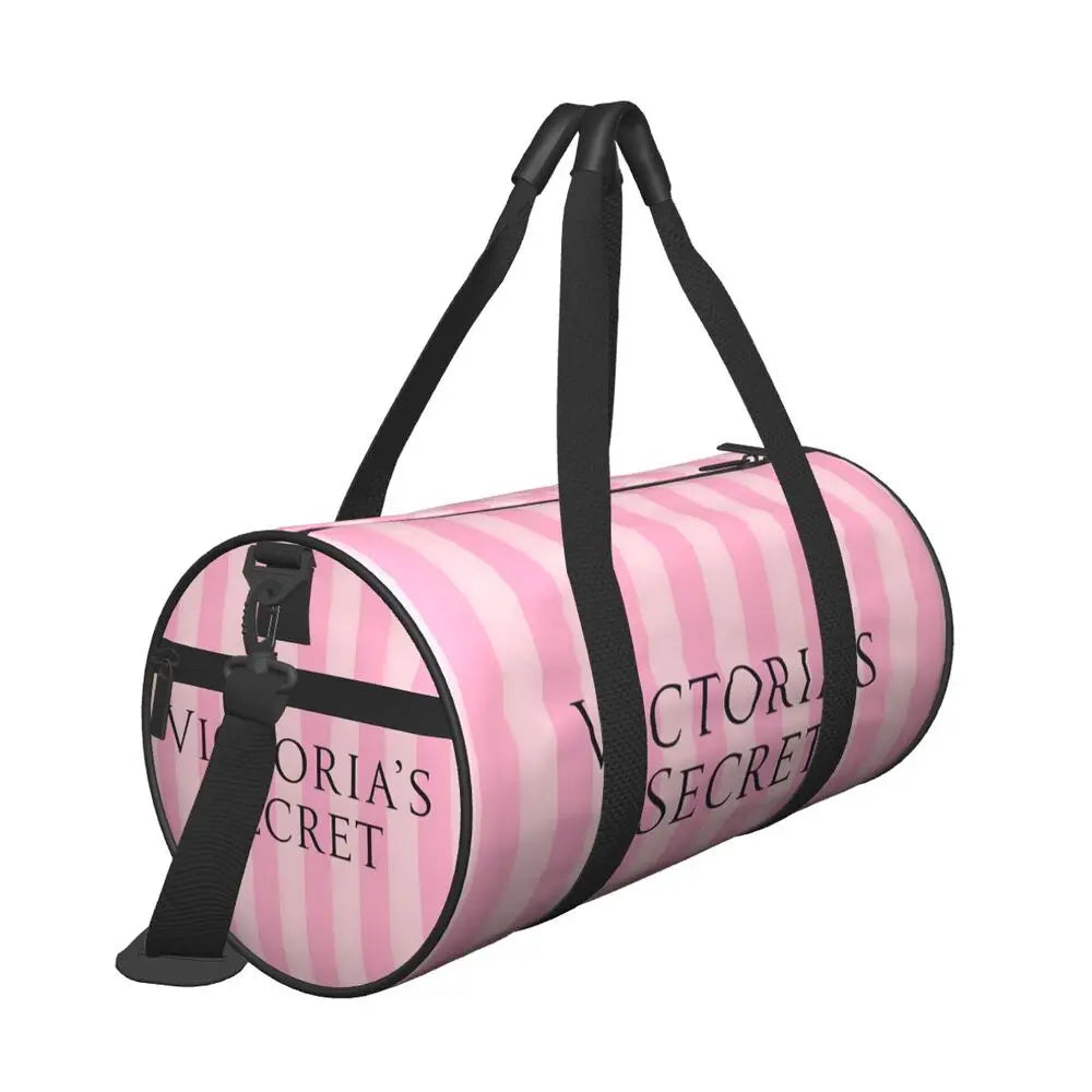 Pink White Stripe Round Capacity Travel Duffel Bag Male Female Large-Capacity Hand Luggage Sports Fitness Bag Travel Package