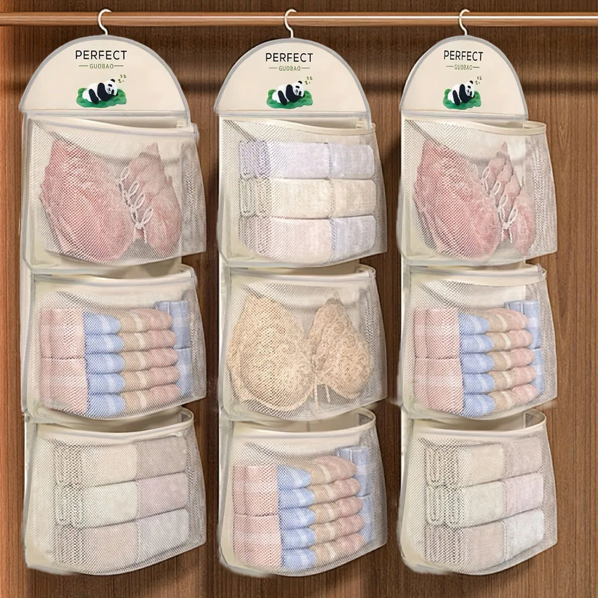 Three-layer hanging mesh bag closet dormitory bag hanging bag net bag underwear bag storage bag