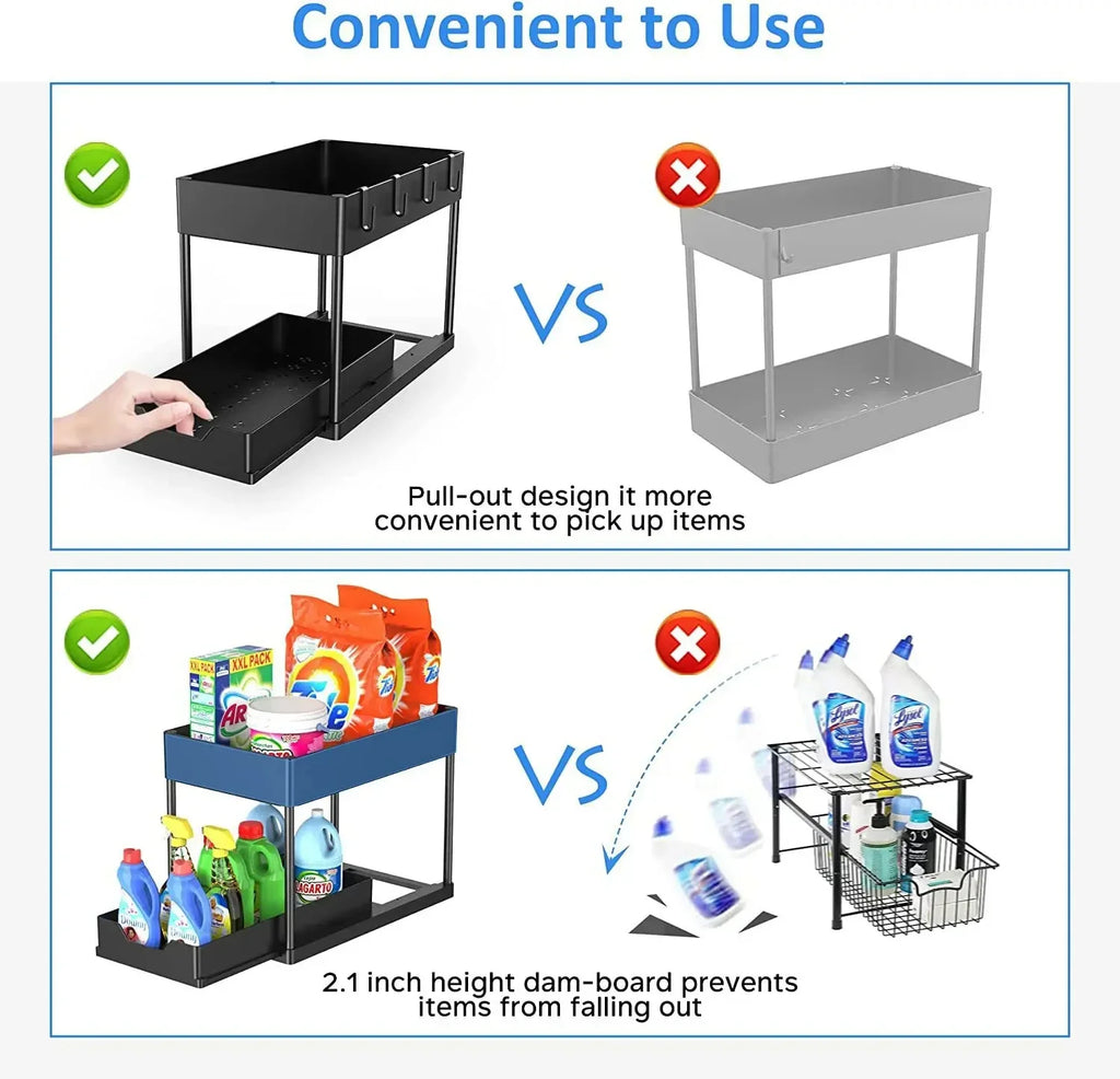 2 Tier Under Sink Organizer Sliding Cabinet Basket Organizer Storage Rack with Hooks Hanging Cup Bathroom Kitchen Organizer